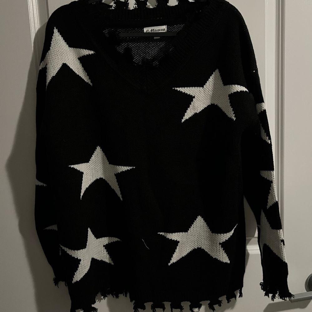 Wildfox Black V-Neck Sweater with White Stars